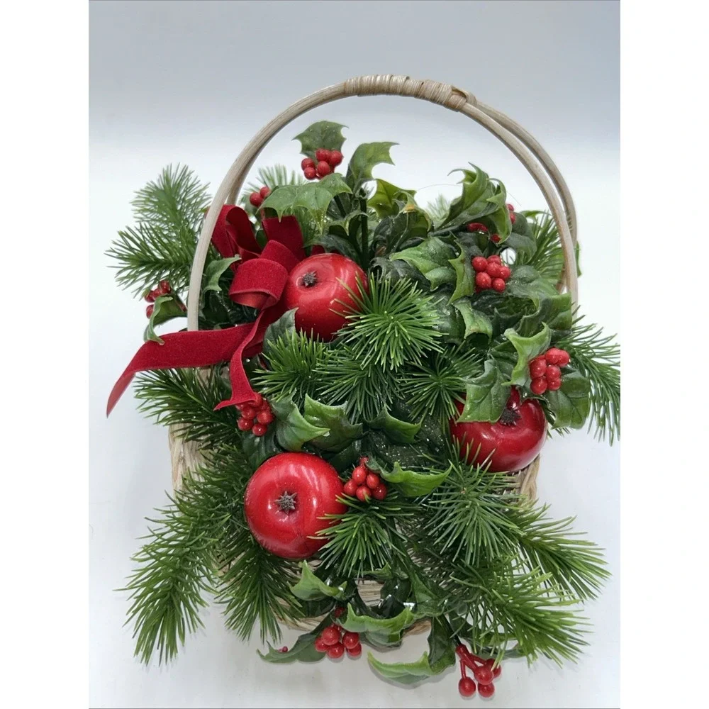 Vtg Plastic Christmas Poinsettia Arrangement In White Wicker Basket Christmas